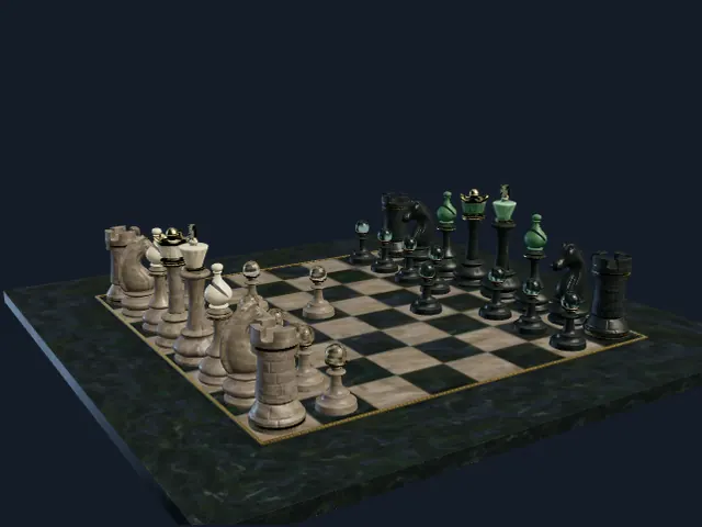 A chess set mid-game, rendered in three dimensions.