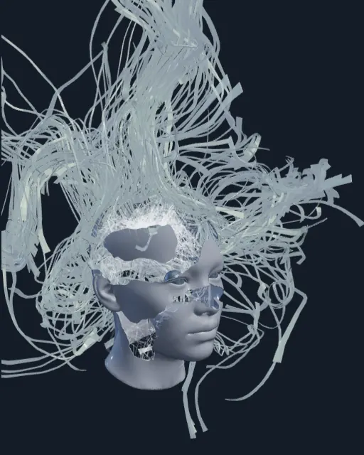 A robot head with wires for hair, rendered in grey metal.